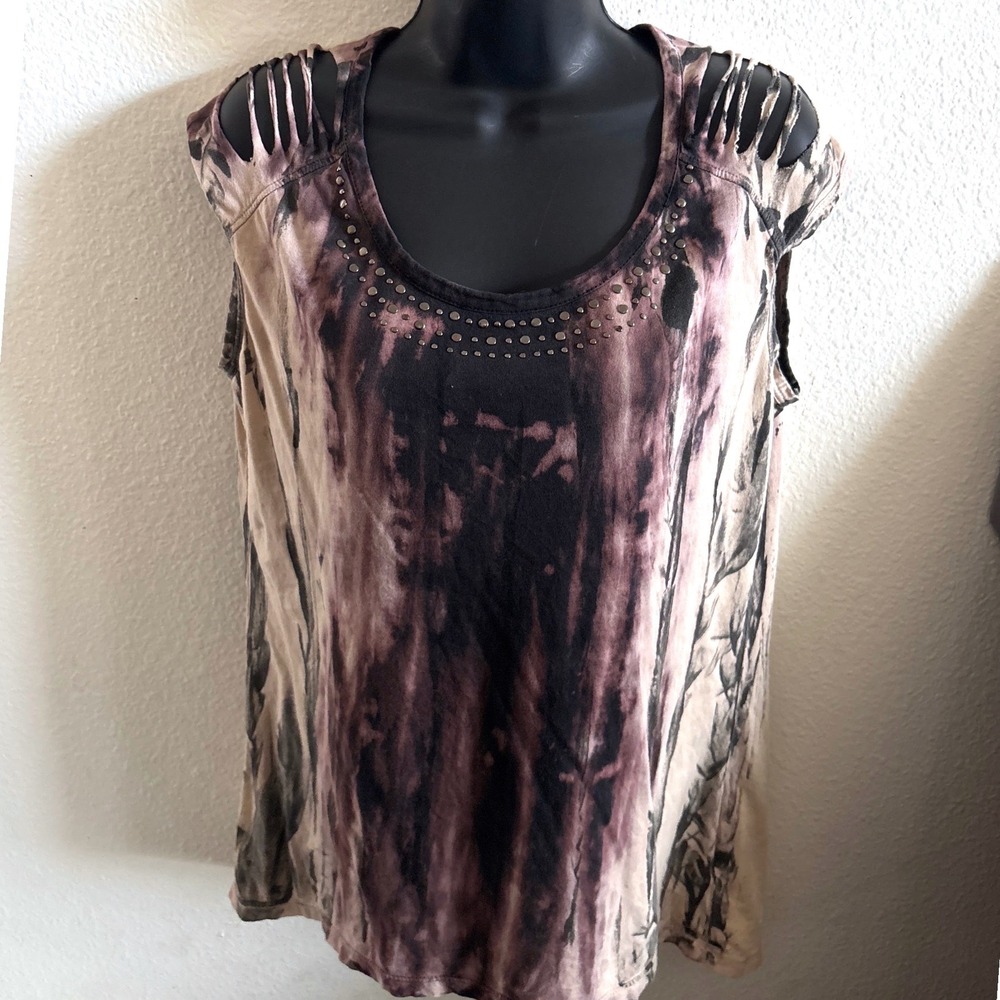 Rock & Republic Top M Purple Tie Dye Grunge Studded Cutout Shoulder Subversive